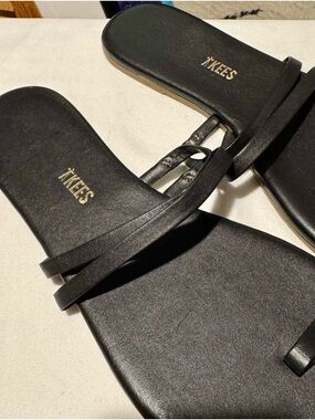 TKEES Black Double Strap Slide Sandals with Gold Logo